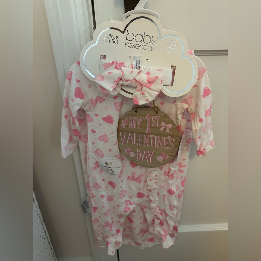 Baby Essentials Pink Heart Infant Valentine Footed Sleeper with Bow Headband